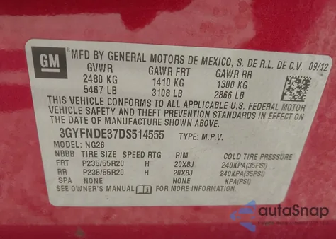 2013 Cadillac Srx Performance Collection из США, поврежденный, VIN 3GYFNDE37DS514555